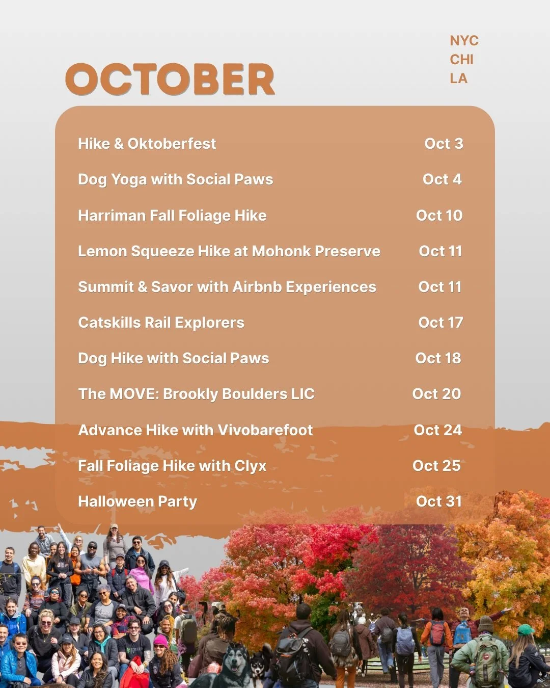 Fall might be our favorite excuse to get outside.

October brings changing leaves, Oktoberfest, rail explorers, dog hikes with @socialpawsapp and plenty of time on the trail. We&rsquo;re also heading to @brooklynbouldersnyc to climb and linking with 