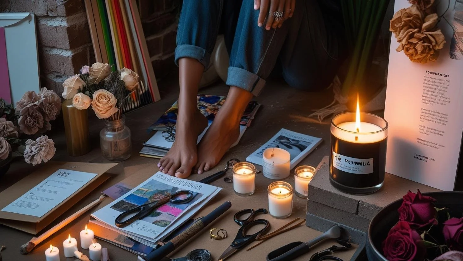 Cinematic Photo Prompt Series_ Formula No. 49 – Be Fearless, Be Creative_Create a series of high-end, editorial-style lifestyle photographs showcasing a luxury black matte candle labeled “THE FORMULA” as the v (1).jpg
