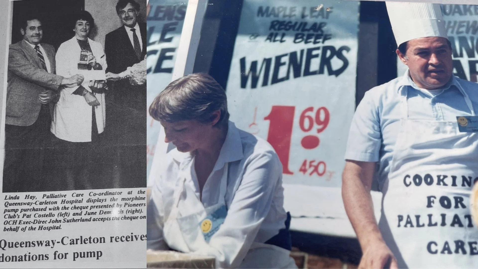 Side-by-side image of a newspaper clipping and photo of a fundraising event
