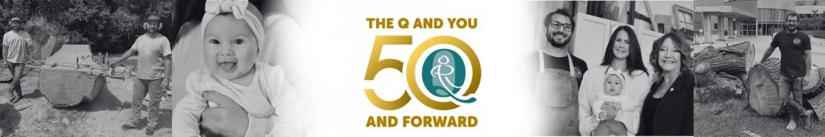 Blog banner for story 9: "a fallen tree was reborn as chacuterie boards." collage of pictures with a man next to a tree, a baby and the QCH logo in the middle.