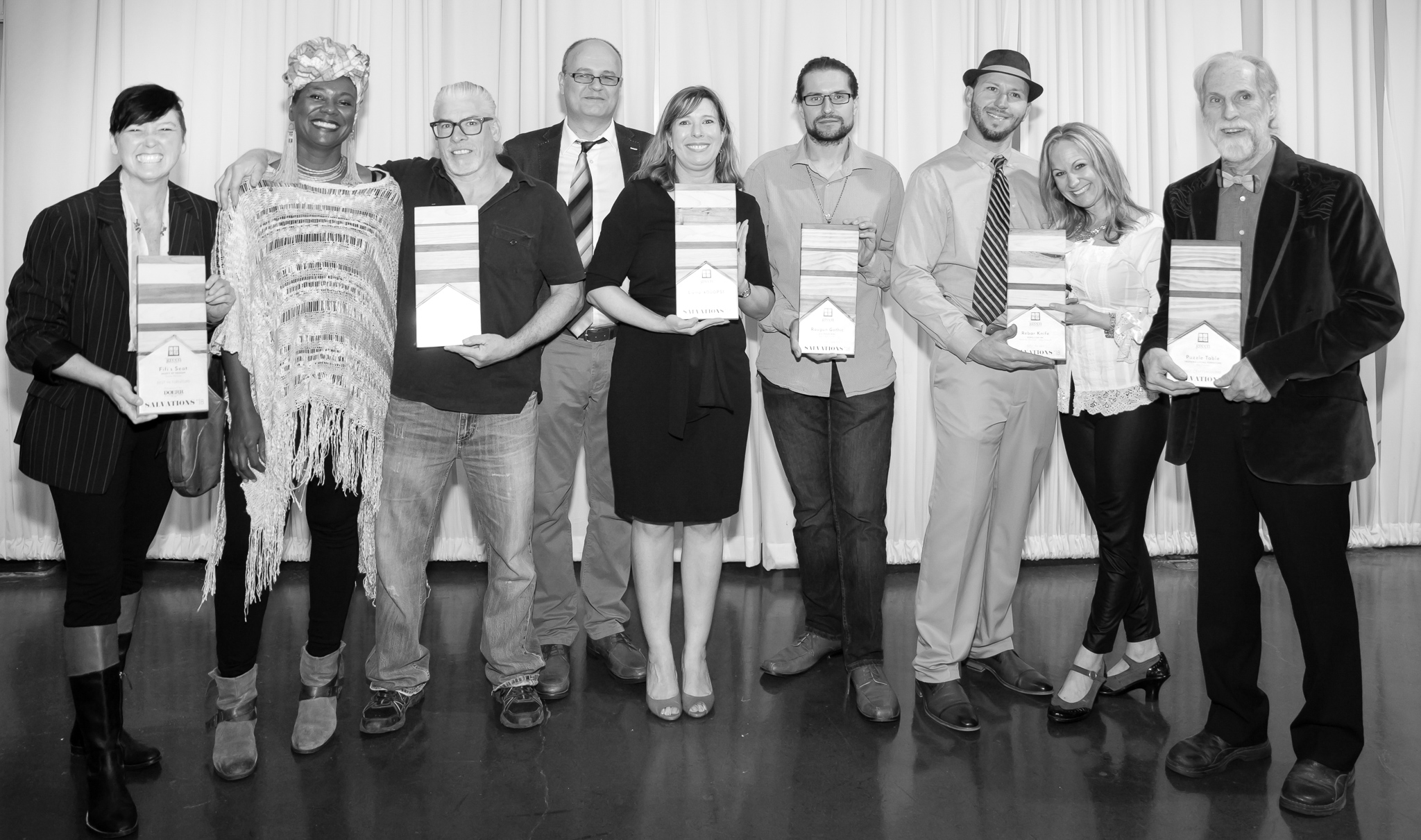 2018 Award Winning Designers. (From left: Tammy Murray - Best in Furniture, presented by Doerr Furniture; Antoinette Reynolds and John Thornton - Best in Show; Anna and Vlad Ghelase - Best in Lighting; Avery Roff-Nichols - Most Innovative, presented by ASID South Central; Amanda Melerine and Jesse Findorff - Best in Art; Paul Troyano - Best Craftsmanship)