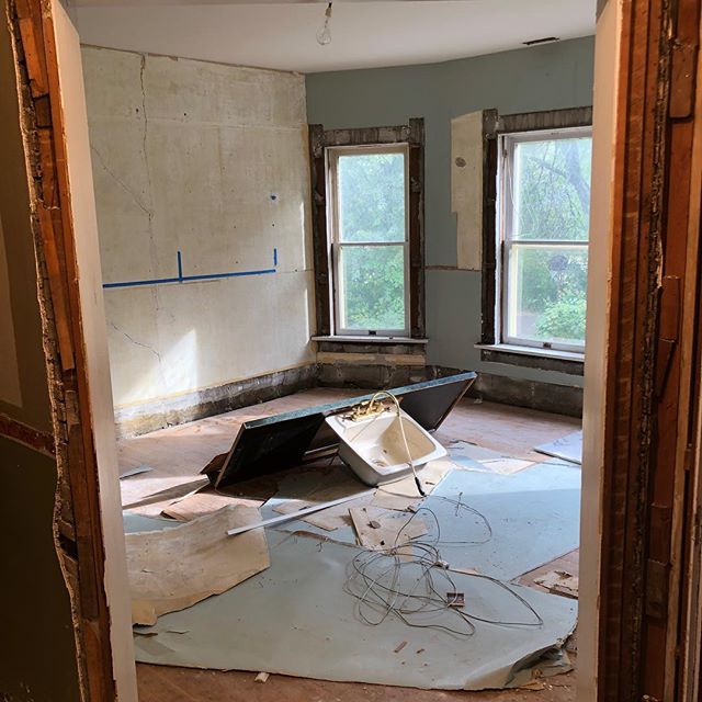 The entire upstairs of Sluhan&rsquo;s home was initially plastered, which had been removed along with the original lathe and insulation. Walls have been furred out to compensate for drywall to be in place, along with new electrical and insulation.