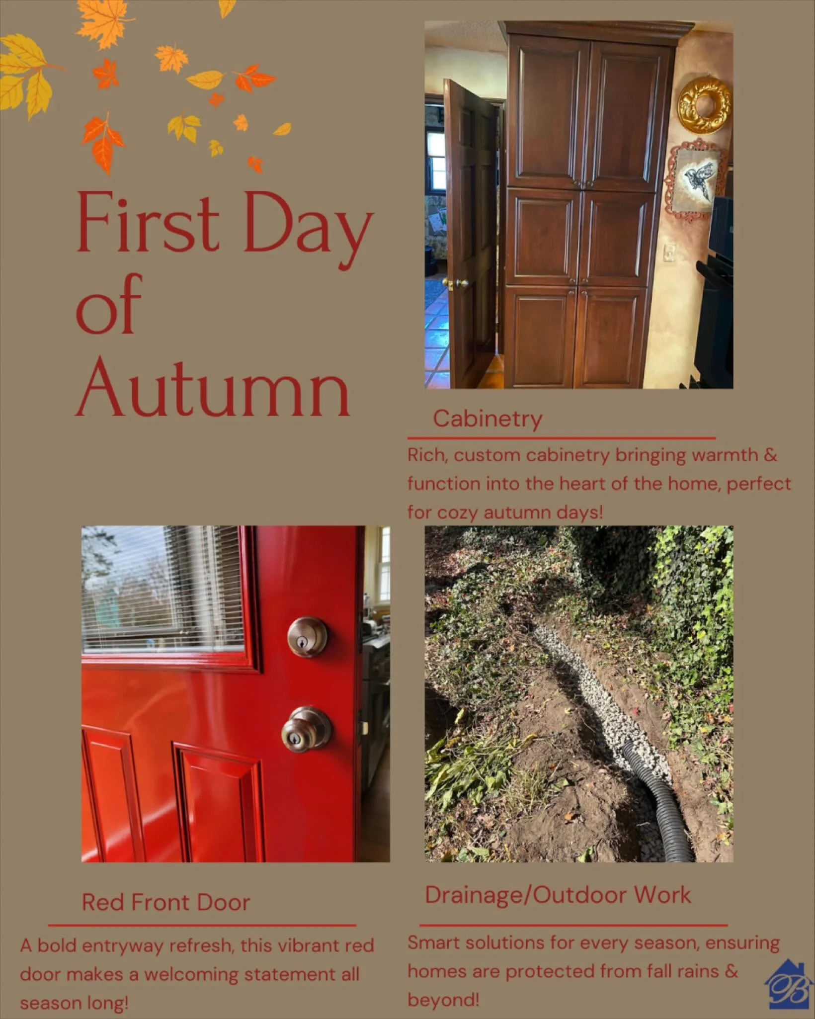 🍂 Hello, Autumn! 🍂
The first day of fall is here,&nbsp;&nbsp;a season for warmth, comfort &amp;&nbsp;&nbsp;preparation. From cabinetry that brings coziness indoors, to bold entryway updates, to outdoor solutions that protect your home through the r