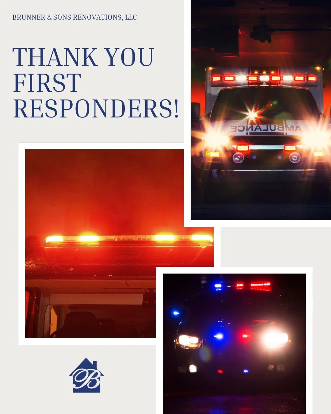 Today we honor the heroes who keep our communities safe. 🚒👮‍♂️ From fire to rescue, your courage and dedication inspire us every day. Thank you for all you do, Brunner & Sons Renovations salutes you!