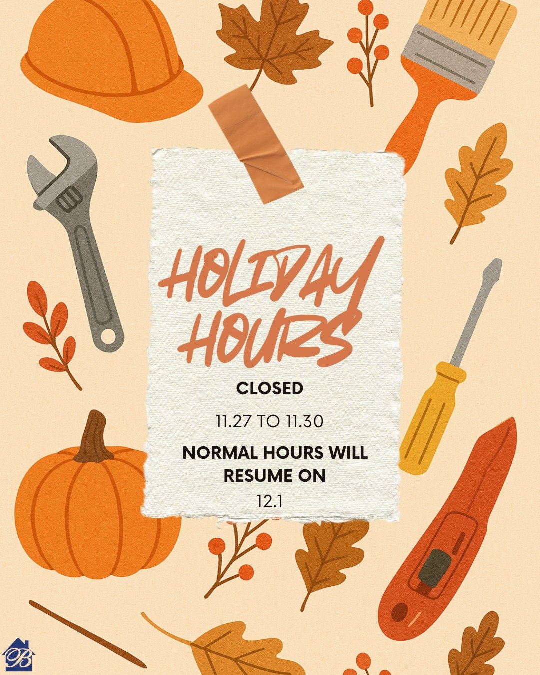 Putting the tools down for a few days of gratitude. 🛠️🍂 Brunner &amp; Sons will be closed 11/27&ndash;11/30 for the holiday. We&rsquo;ll be back on site &amp; ready to work on 12/1!