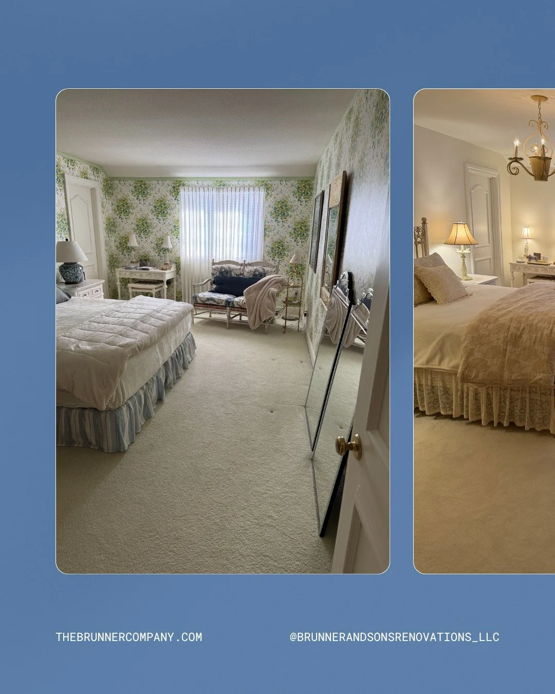 Bedroom remodel complete ✔️
Wallpaper removal in two rooms, popcorn ceilings smoothed throughout, fresh paint on ceilings, walls, and trim, plus brand new carpet to finish it off. A total refresh from top to bottom!