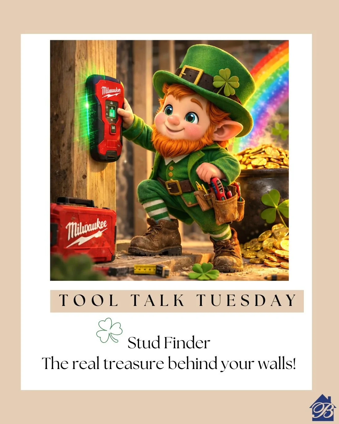 In remodeling, the real pot of gold is finding the studs behind your walls.
A stud finder helps us locate framing so cabinets, shelves &amp;  fixtures are installed safely and securely.
No luck needed, just the right tools!🍀🌈