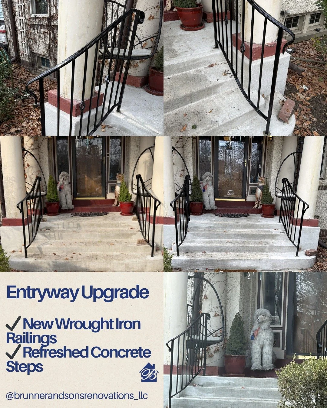 A simple upgrade can make a big difference in both appearance and safety.
This entryway refresh included new wrought iron railings and updated concrete steps, creating a clean and welcoming entrance!