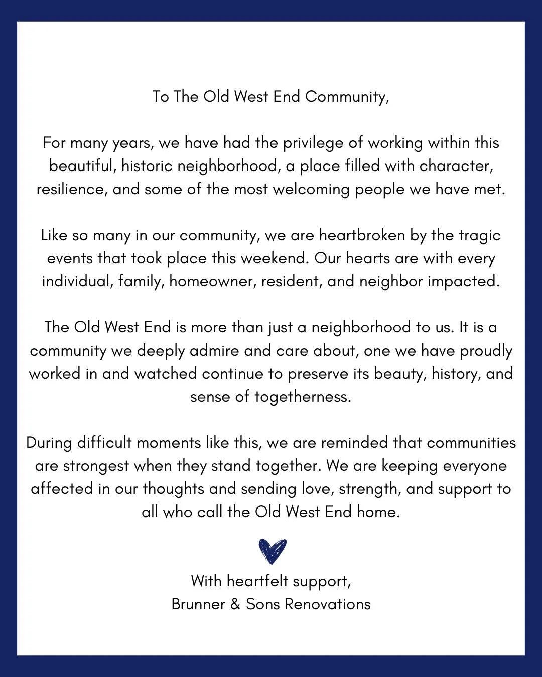 Today, we&rsquo;re holding the Old West End community close in our hearts. 

As a neighborhood we&rsquo;ve proudly worked in for many years, this tragedy hits close to home. We are thinking of everyone affected and standing with the residents, famili