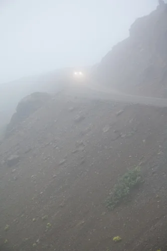 Fog envelopes the park road on Polychrome Pass in Denali National Park.
