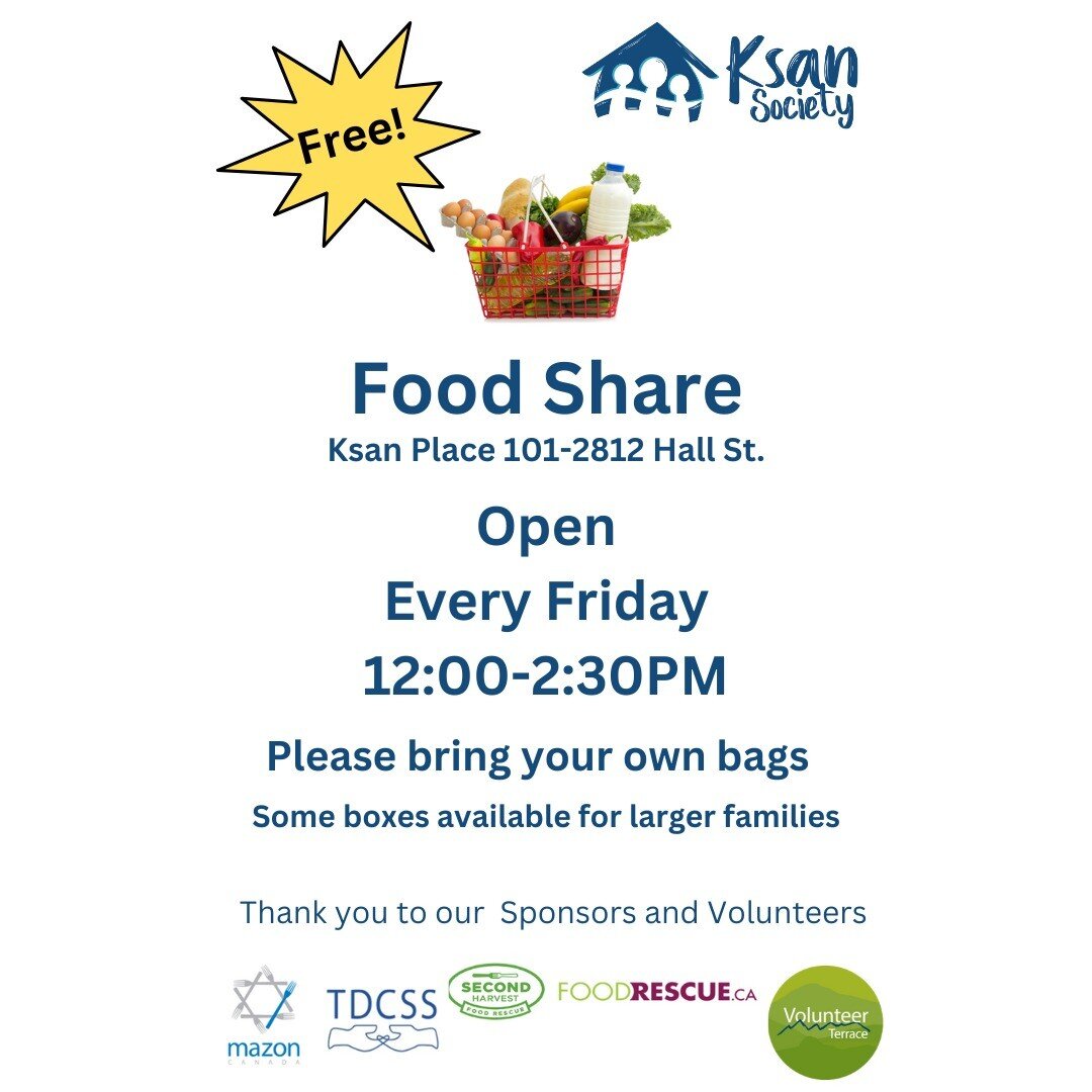 Ksan Place offers a free Food Share to individuals and families every Friday from 12:00-2:30. 

Come as you are, we are happy to share with you!