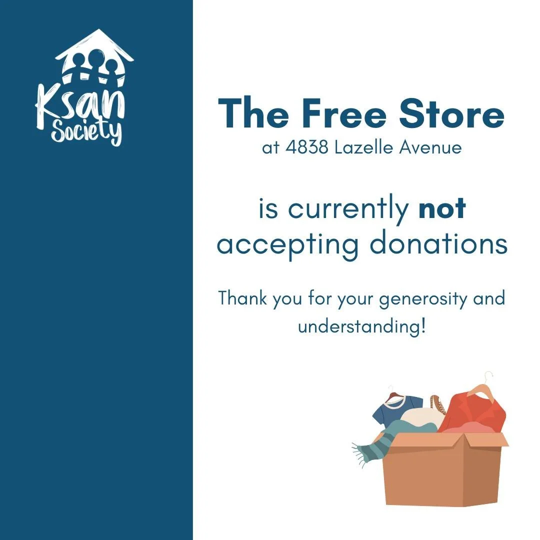 Our Free Store/Donation Room is currently at capacity and we are unable to accept donated items at this time. We apologize for any inconvenience and will notify when we are able to accept donations again.