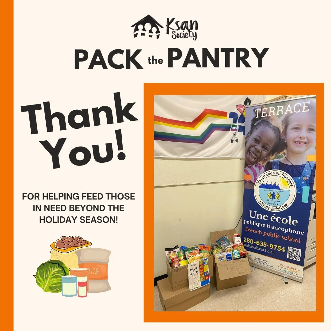 A big warm thank you the staff, students, and families at &Eacute;cole Jack Cook for donating to Pack the Pantry!
This isn't the first 'Ksan Society initiative that these young citizens have supported - they're old pros! 
.
.
'Ksan Place is collectin