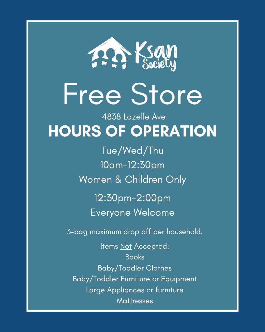 We get asked all the time, do we accept donations? Yes, we do! You can find our Donation Room (also known as the Free Store) located at 4838 Lazelle Avenue and open Tue/Wed/Thu from 10am-2:00pm. We ask that you please only drop off your donations dur