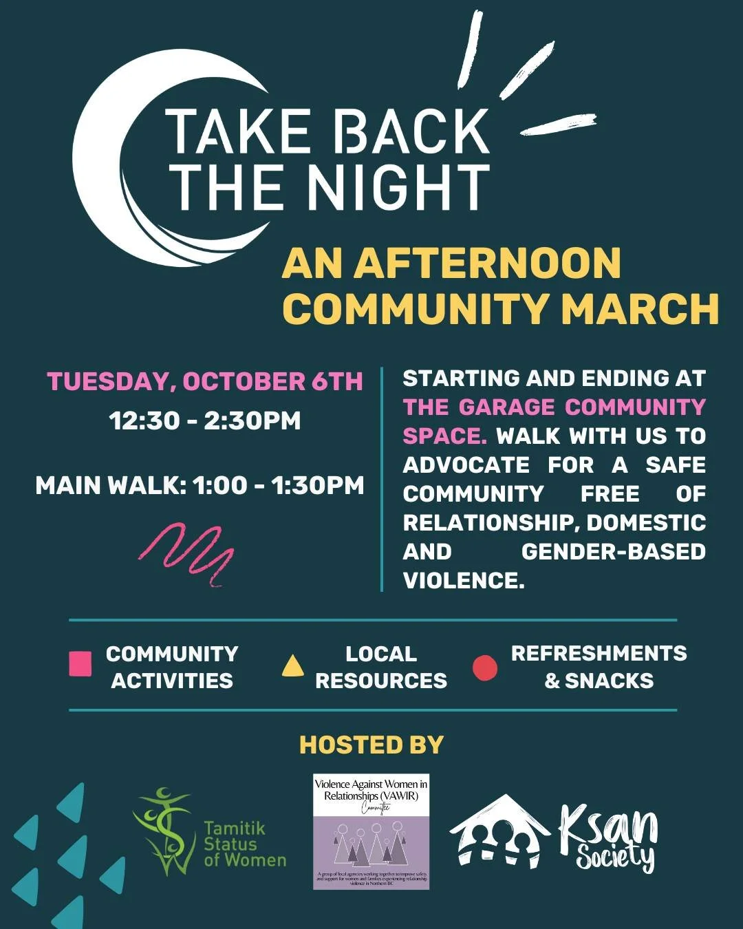 Join us on Tuesday, October 6th for an afternoon of community, connection, and advocacy as we come together to take a stand for a safer community free from relationship, domestic, and gender-based violence.

Everyone is welcome!

Hosted by Ksan Socie