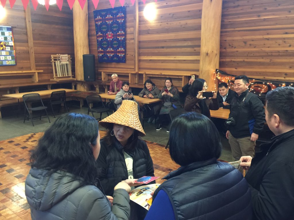 Visitors from the Bulgan Province of Mongolia with the University of Washington DEOHS visit the Duwamish at the Duwamish Longhouse and Cultural Center, January 2019. 