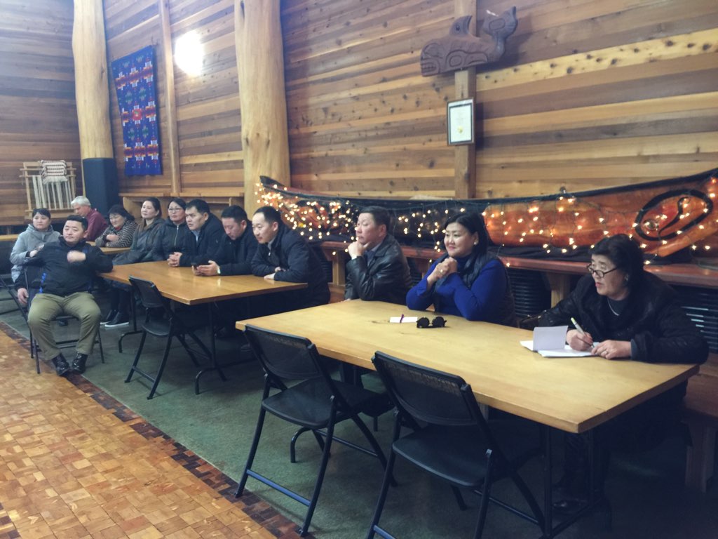 Visitors from the Bulgan Province of Mongolia with the University of Washington DEOHS visit the Duwamish at the Duwamish Longhouse and Cultural Center, January 2019. 