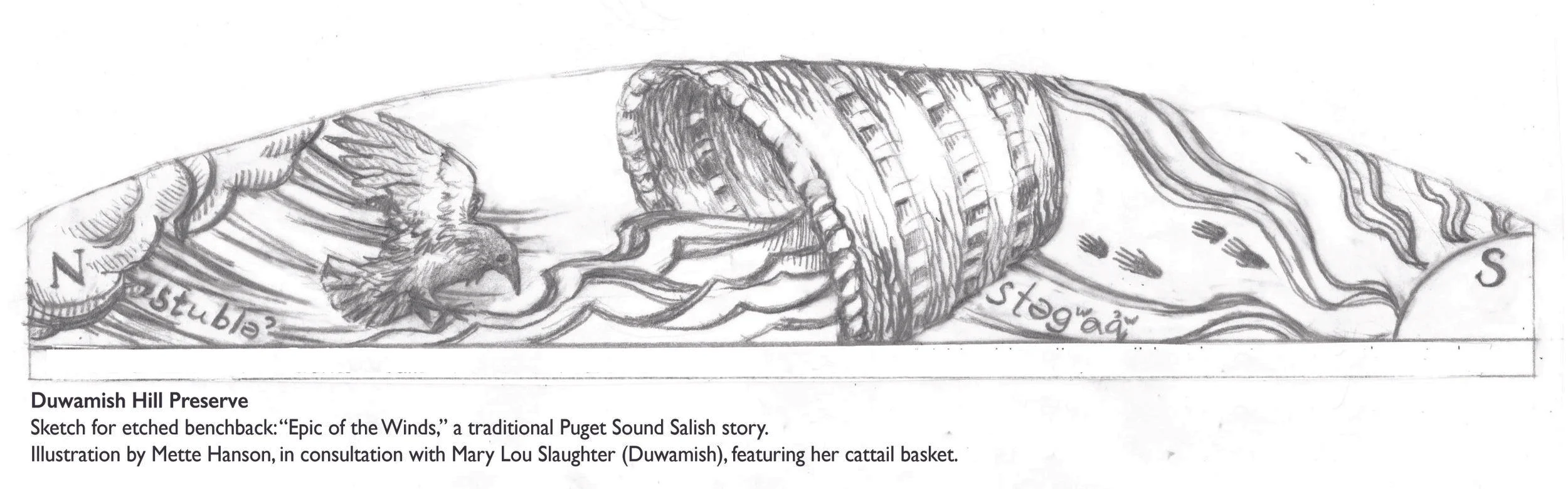 The sketch for the etched benchback: “Epic of the Winds,” a traditional Puget Sound Story, side by side with the finished bench at the Duwamish Hill Preserve. Illustration by Mette Hanson, in consultation with Mary Lou Slaughter (Duwamish), featuring her cattail basket.
