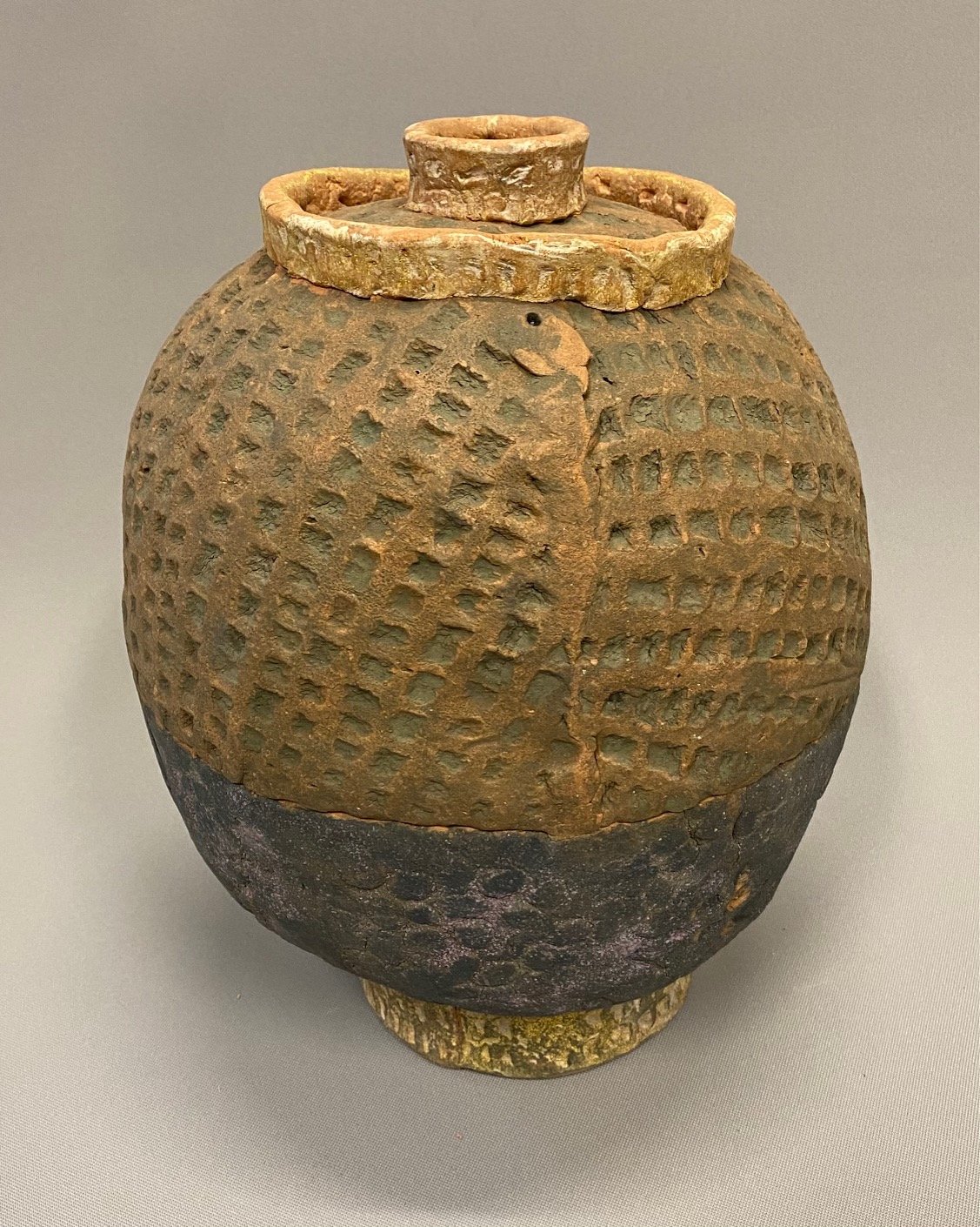 Lidded Jar by Ron Michael  earthenware and limestone  13 x 8 x 8 inches.jpg