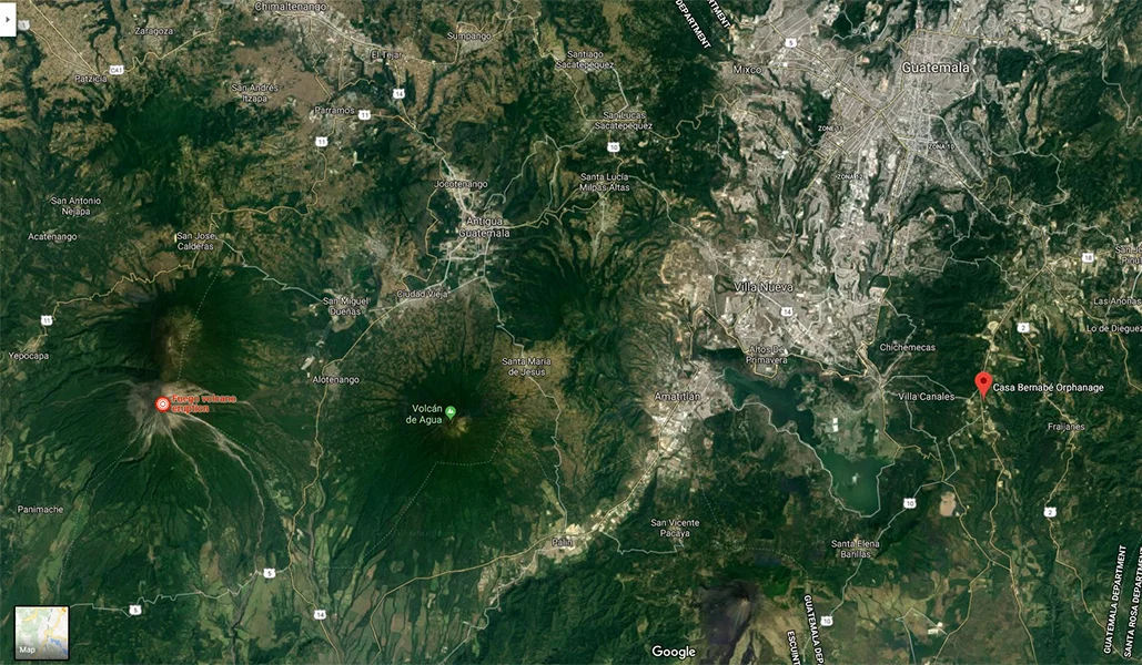 Because so many of you have asked we wanted to share a map of the region depicting where Volcan de Feugo is (at the left of the map noted in red) and Casa Bernabe's location pinned at the right of the map.