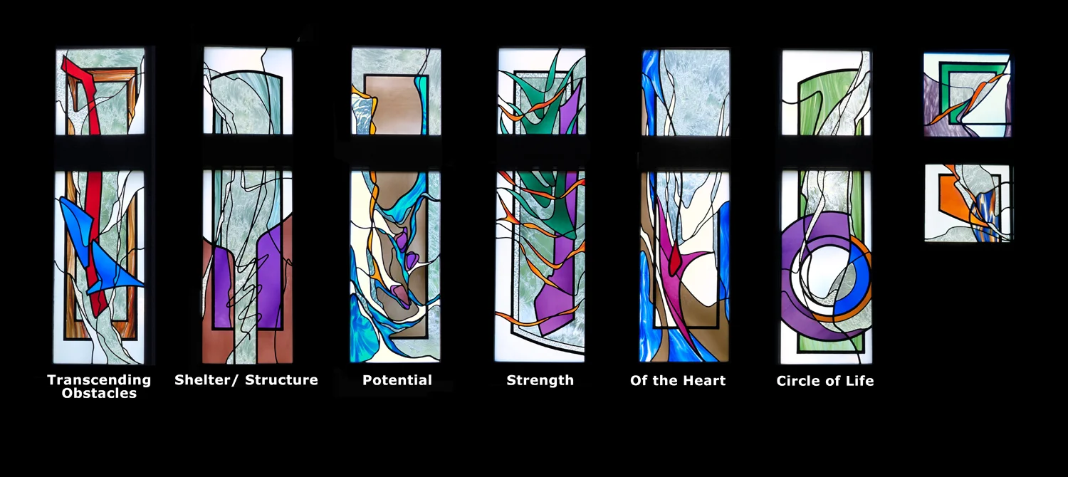 Sanctuary Windows, six 2'-4" x 8'-4" St. Columban is located in a small town with a rural feel; rolling hills, a beautiful river and many trees. Nature became the underlying theme for all the stained glass windows. As we talked about the varied qualities of trees, we started to see parallels in religious life. Thus trees became the theme for the six rectangular sanctuary windows.