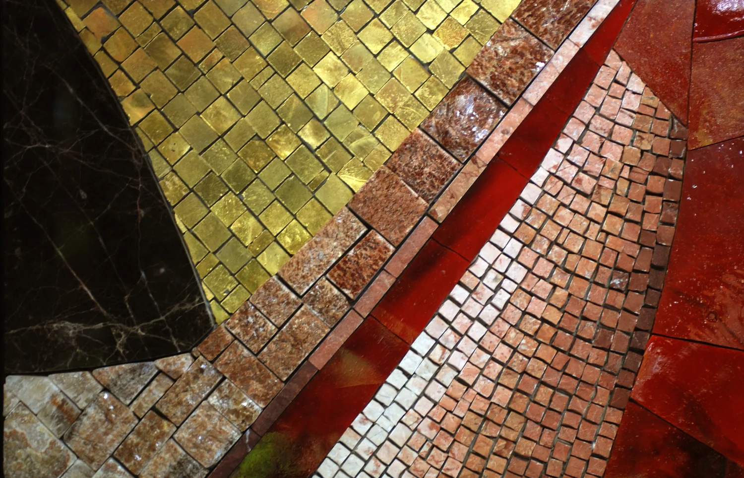 Mosaic Sample Board, showing marble slabs, cut marble, glass cakes, and gold-leaf glass smalti.