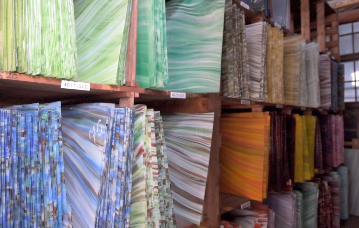 Glass racked in the warehouse, ready for shipment.