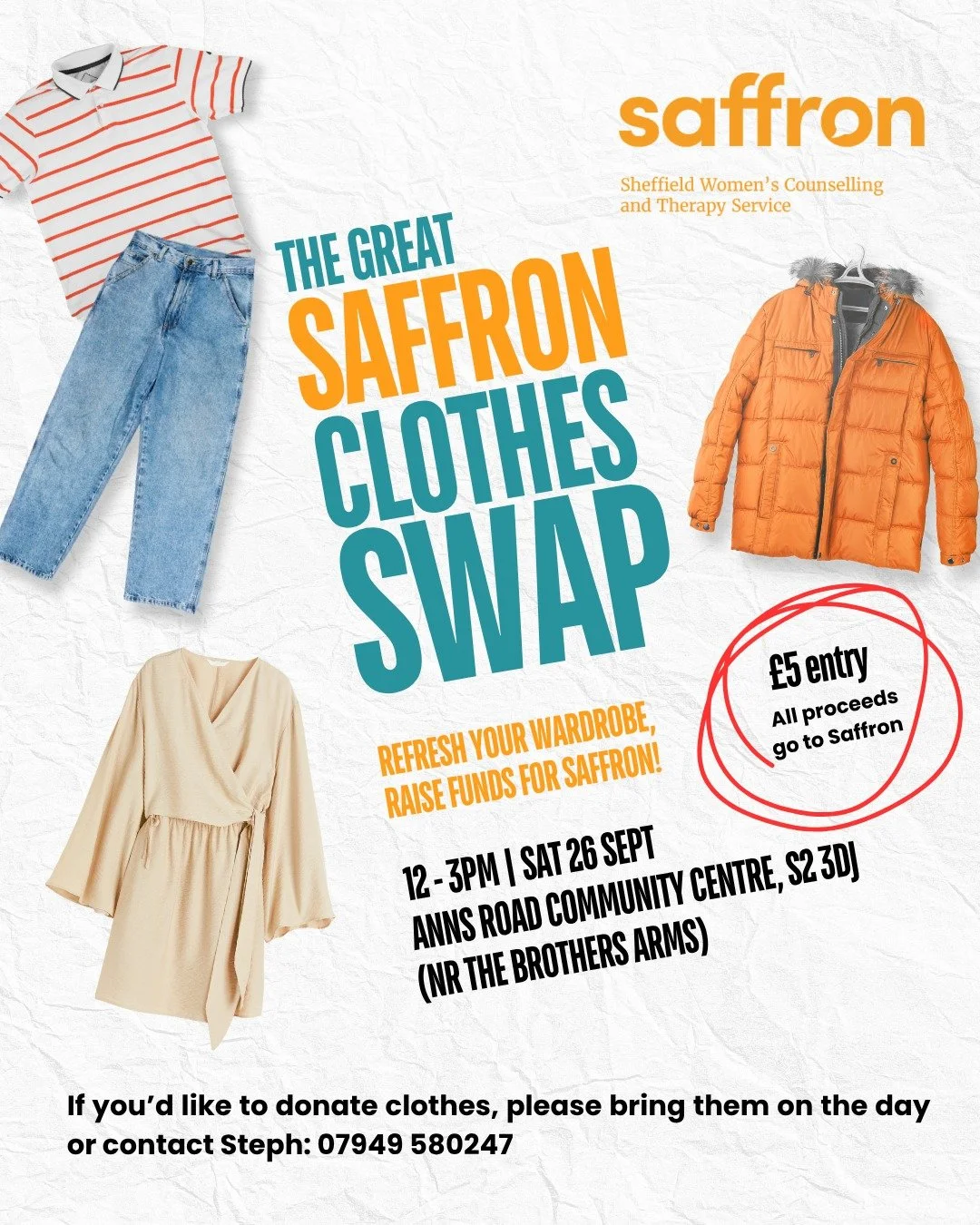👗THE GREAT SAFFRON CLOTHES SWAP IS COMING!👚

Join us for The Great Saffron Clothes Swap - a fun, sustainable way to give your unwanted clothes a new home and pick up some pre-loved gems all while raising money for Saffron &ndash; Sheffield Women&rs