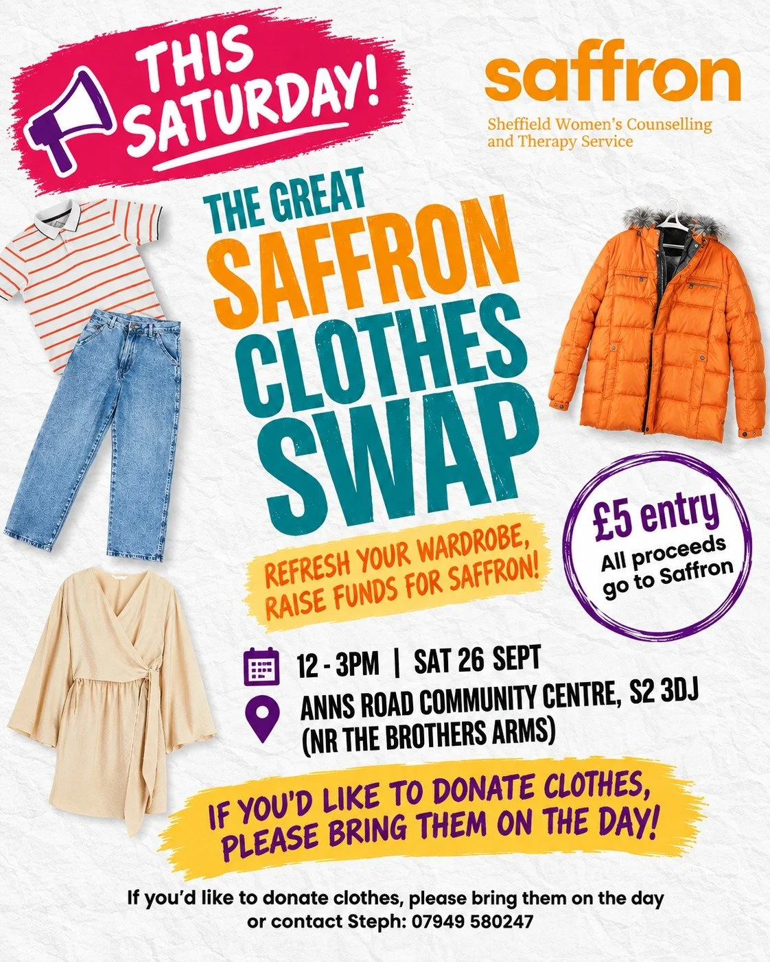 📣THIS SATURDAY! 
THE GREAT SAFFRON CLOTHES SWAP

📅 Saturday 26th September
⏰ 12pm&ndash;3pm
📍 Anns Road Community Centre, Anns Road, Heeley, Sheffield, S2 3DJ
🎟️ &pound;5 entry - pay on the door

Grab a bag of clothes you've been meaning to sort 