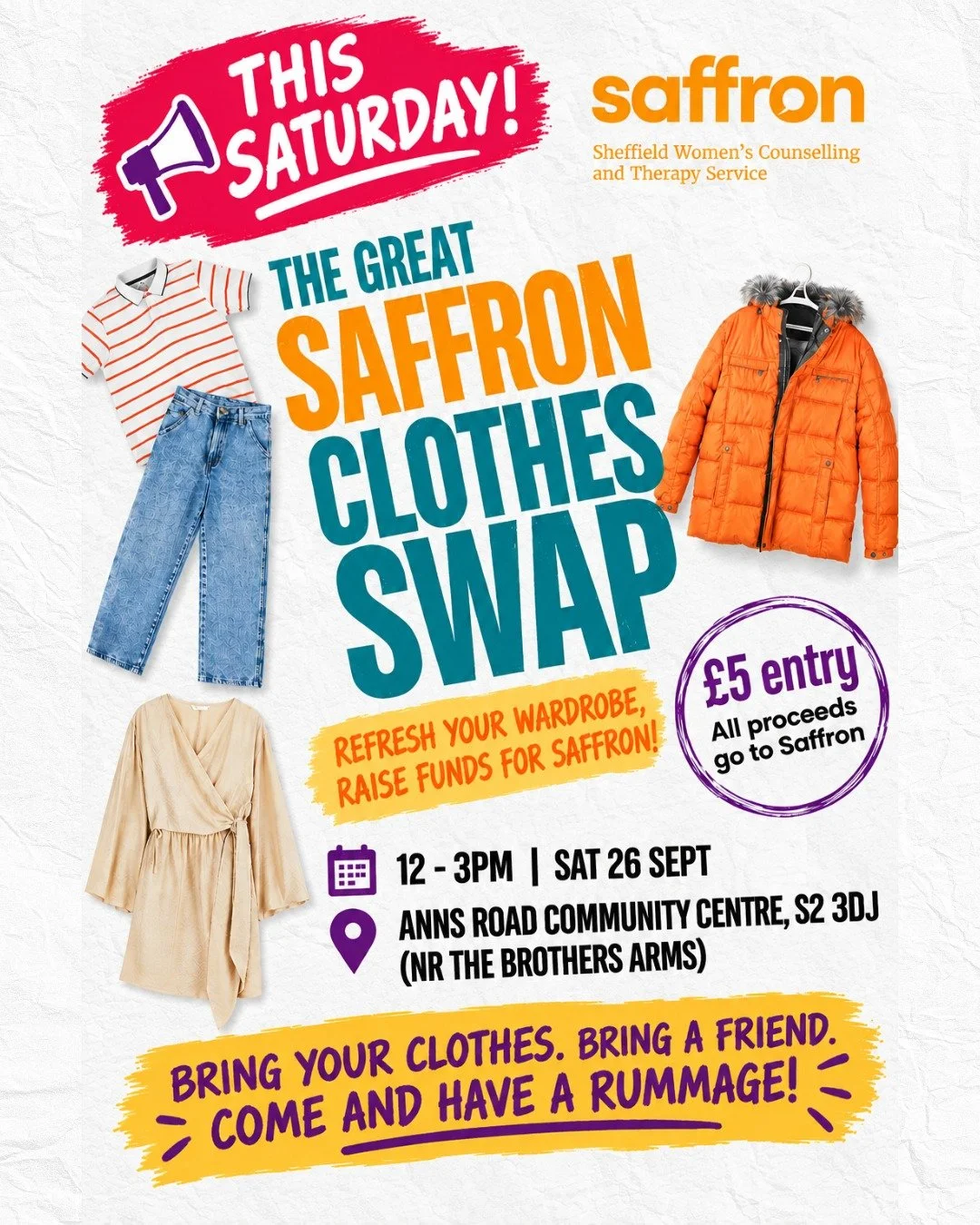 👗💜 **THIS SATURDAY!** 💜👗

The Great Saffron Clothes Swap is happening this Saturday and we&rsquo;d love to see you there!

Bring along your clothes you no longer wear and swap them for something new-to-you. It&rsquo;s a chance to refresh your war