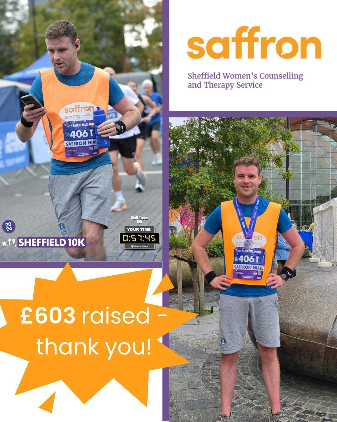 Thank you to Niall Green and his supporters for raising a whopping &pound;603 for Saffron! 

If you would like to donate, the JustGiving page will be live for a few more days https://www.justgiving.com/page/niall-10k-saffron

There are many ways to f