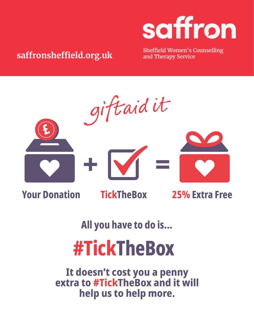One of our amazing supporters recently ran the Sheffield 10k and raised &pound;489 for Saffron. With Gift Aid, we were able to claim an extra &pound;114.75.

When you tick the Gift Aid box, we can claim an extra 25p on every &pound;1 donated. 

Ticki