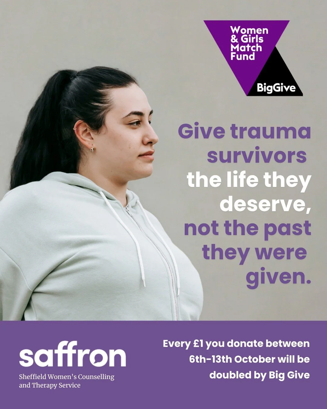 We're thrilled to be part of @biggiveorg Women &amp; Girls Match Fund campaign! From today until October 13th, every donation to Saffron will be doubled.

Did you know that women's and girls' charities receive just 1.8% of UK grants? That&rsquo;s why