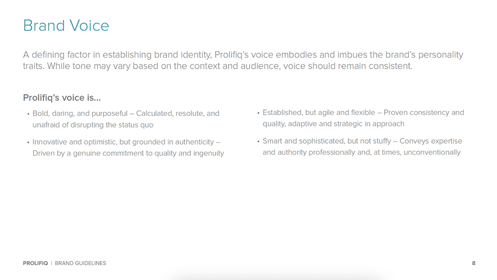 Slide defining Prolifiq's brand voice as bold, innovative, established, and sophisticated.