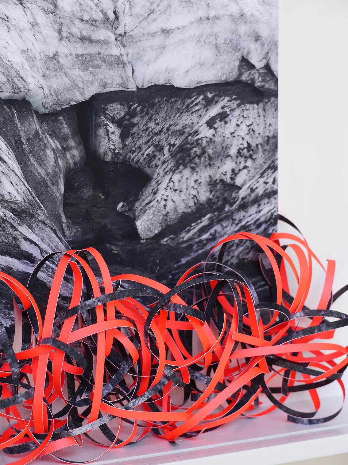 Entropy, Digitally printed on the front and screen printed pink fluorescent ink on reverse, cut and manipulated, 50 x 60 x 8cm.
