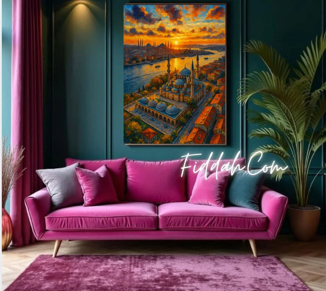 Istanbul's monumental Masjid in City view at sunset- Portrait-Acrylic Painting