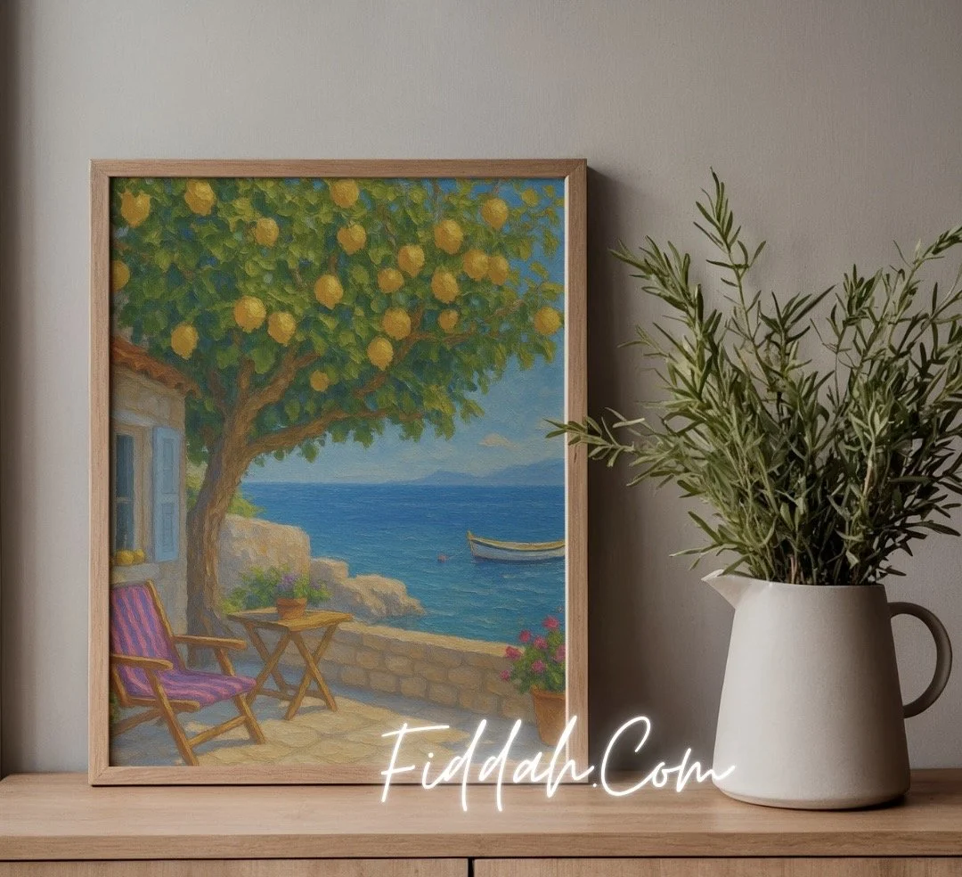 Vibrant Lemon tree near house in front of beach