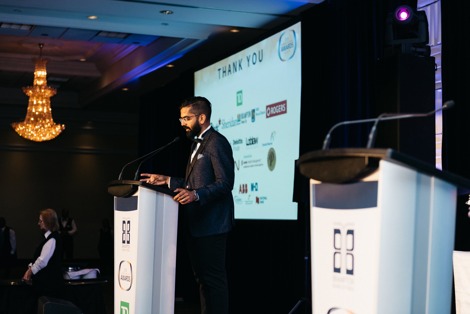 Nav emceeing the Brampton Board of Trade’s Business Excellence Awards in 2018