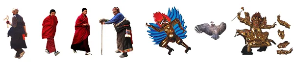 - Material Production: This is a raw material we use to represent an ordinary Tibetan. All materials appeared in the video are taken in the Gannan Tibetan Autonomous Prefecture of China. We extract the characters from the pictures for action binding. - Dharma Buddha: In the Tibetan Buddhism, the status of Dharma is like the angel in Christianity, it is the media of communication between the mortals and Buddha.