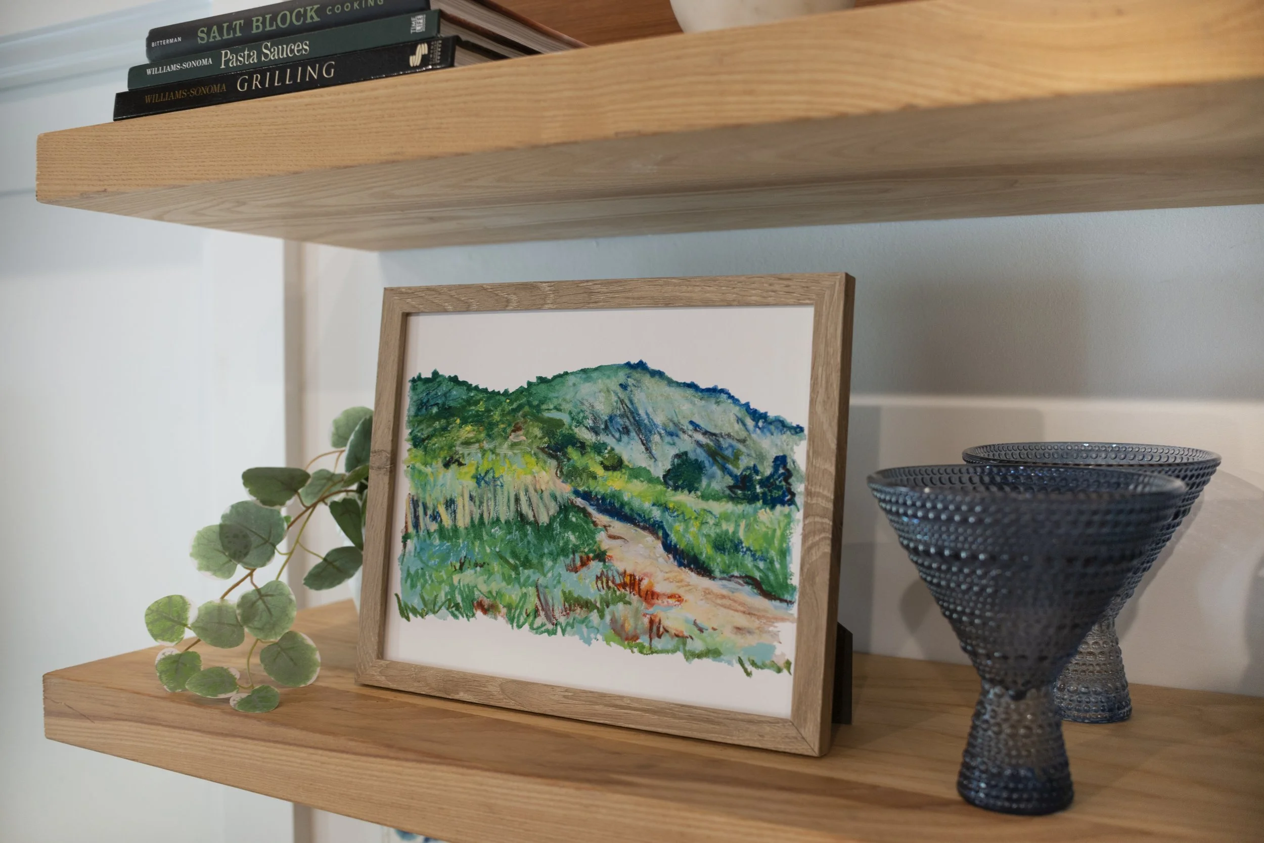 A side view of a framed print of Black Balsam Knob displayed on a wooden shelf with decorative dish ware, an indoor plant, and books.