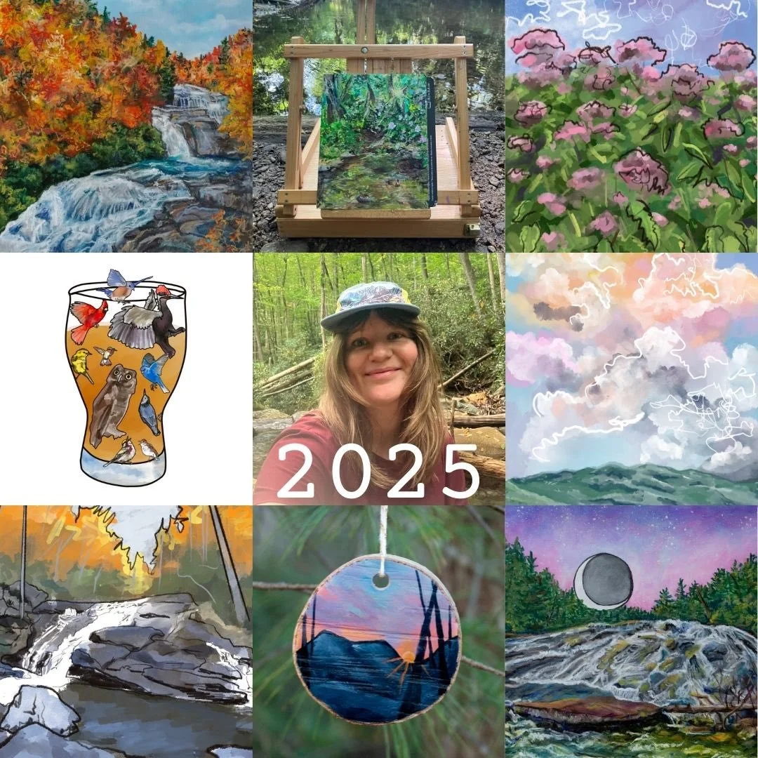 2025.
The year of stickers, plein air mornings in the forest, delving deeper into graphic design work, a wall up in my market tent, resurrecting my email newsletter, and more waterfalls (always &amp; 4ever).
Big plans in store for you, 2026. Excited 