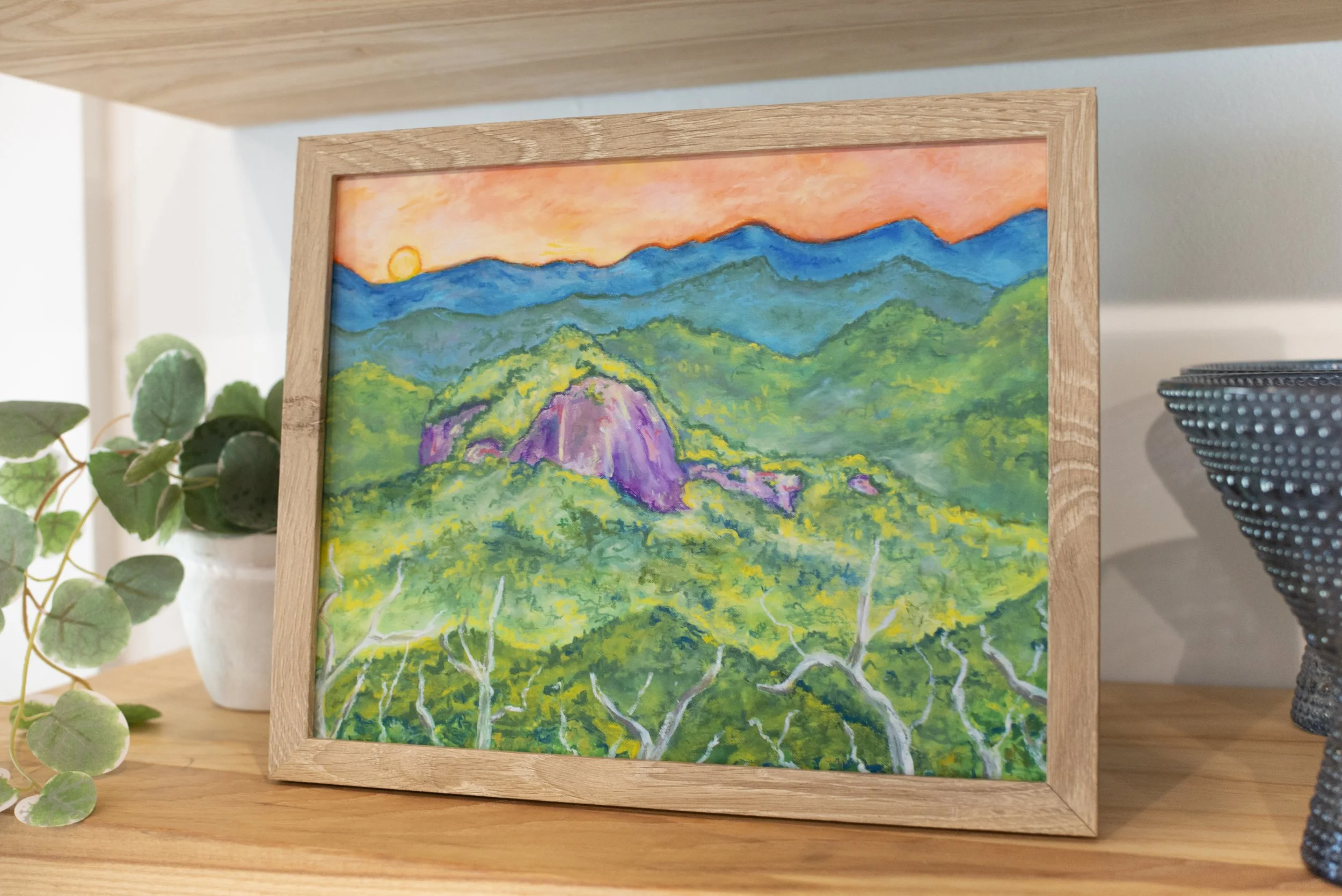 A framed print of a rock monolith surrounded by mountains displayed on a wooden shelf with an indoor plant and glassware.