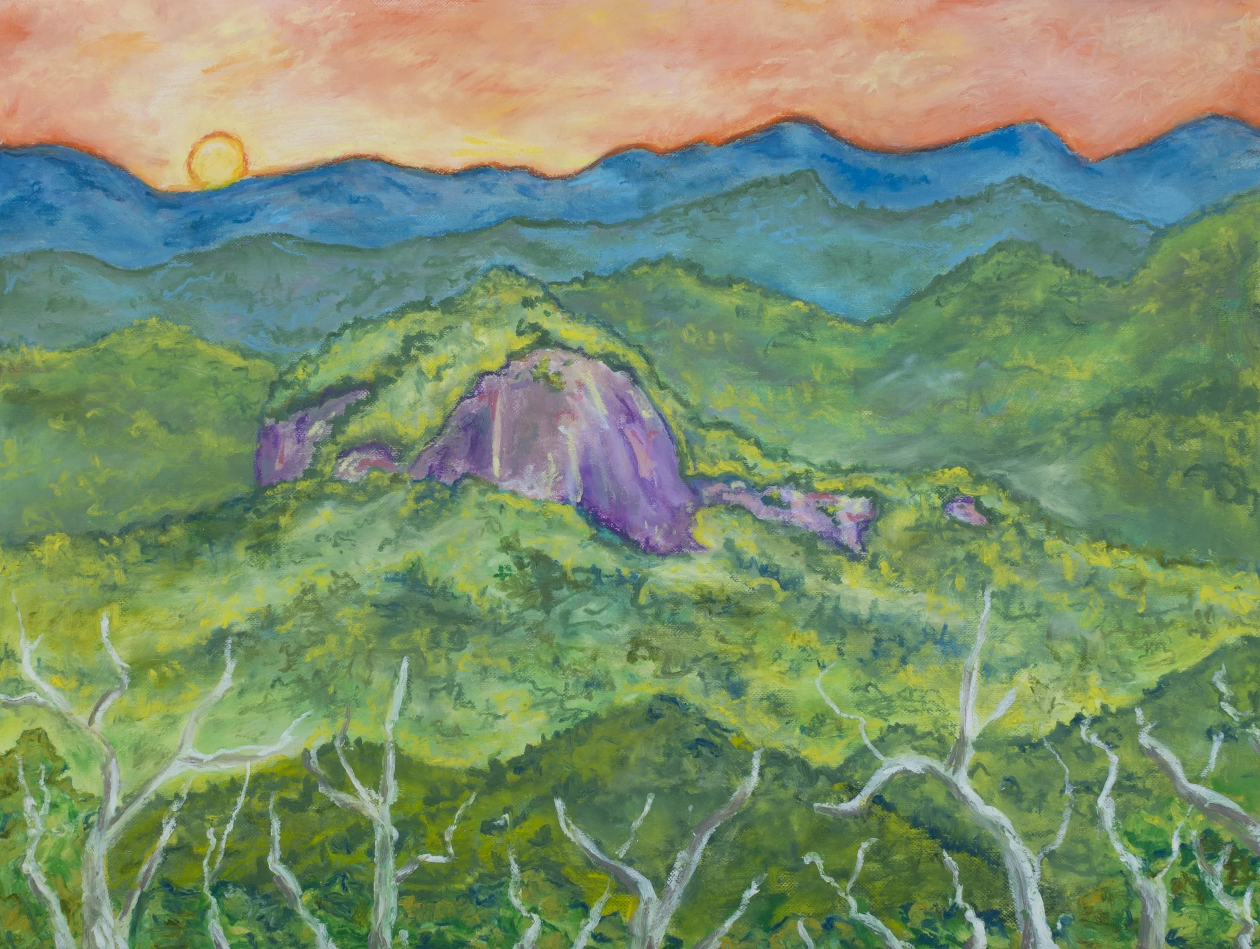 View of Looking Glass Rock from a Blue Ridge Parkway overlook, framed by expansive mountain vistas and a rising sun.