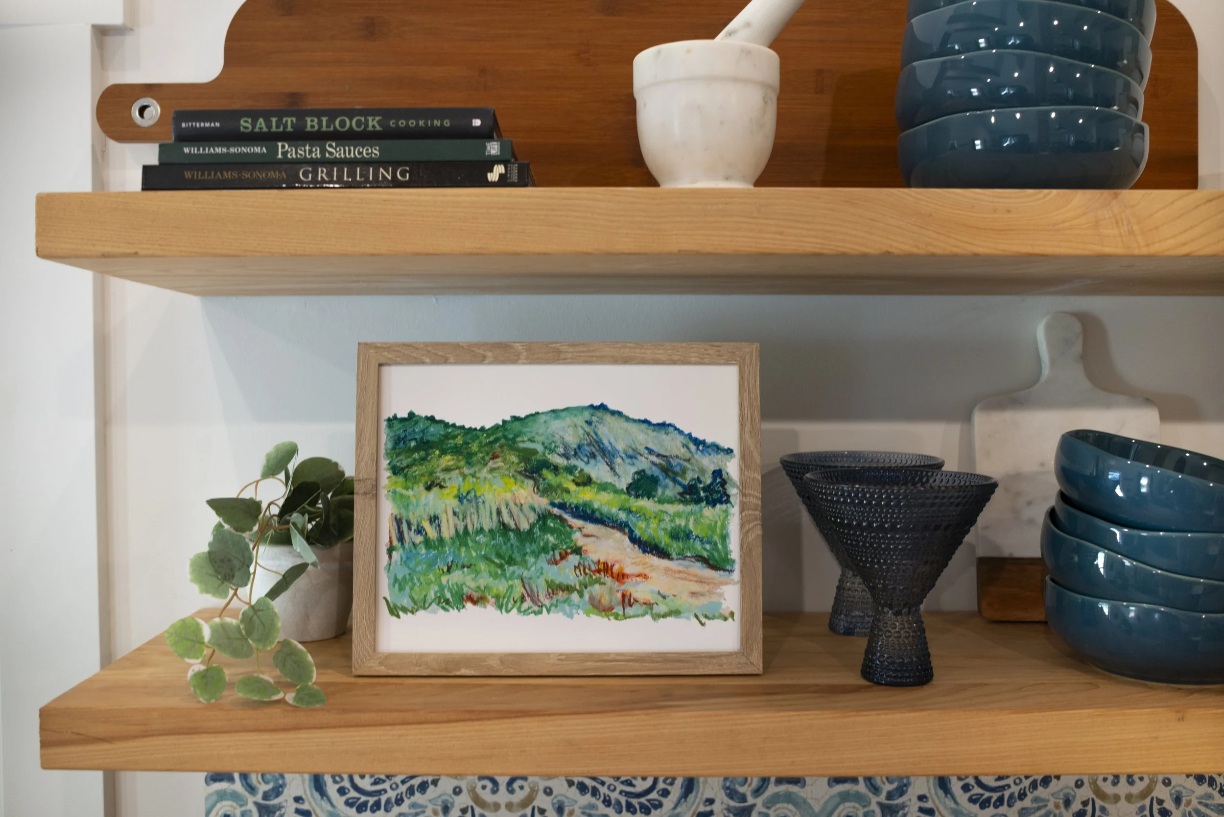 A framed print of an oil pastel painting of Black Balsam Knob displayed on a wooden shelf with decorative dish ware, an indoor plant, and books.