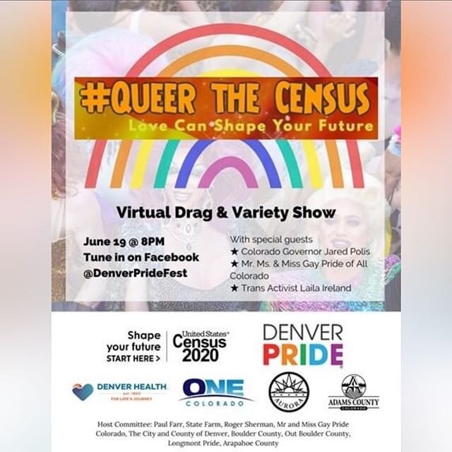 Happy Pride weekend, Denver! I'm very excited to be a part of #QueerTheCensus tonight - streaming on FB at 8 pm MTN. Your answers on the @uscensusbureau can help shape the future, so make sure to stand up and be counted!

Hosted by @jessicalwhor &amp