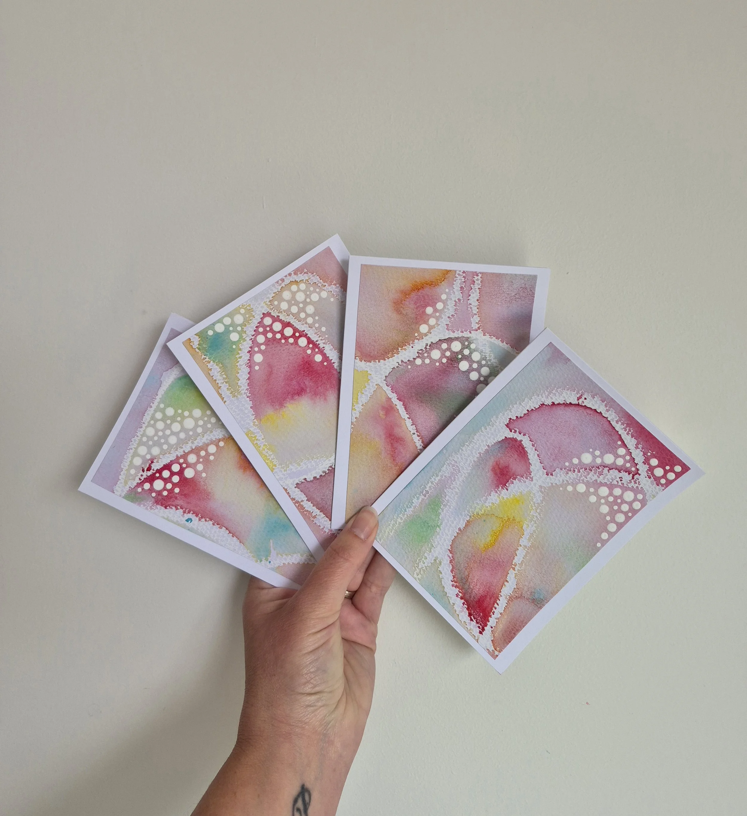 4 X WATER COLOUR CARDS - MULTI COLOUR