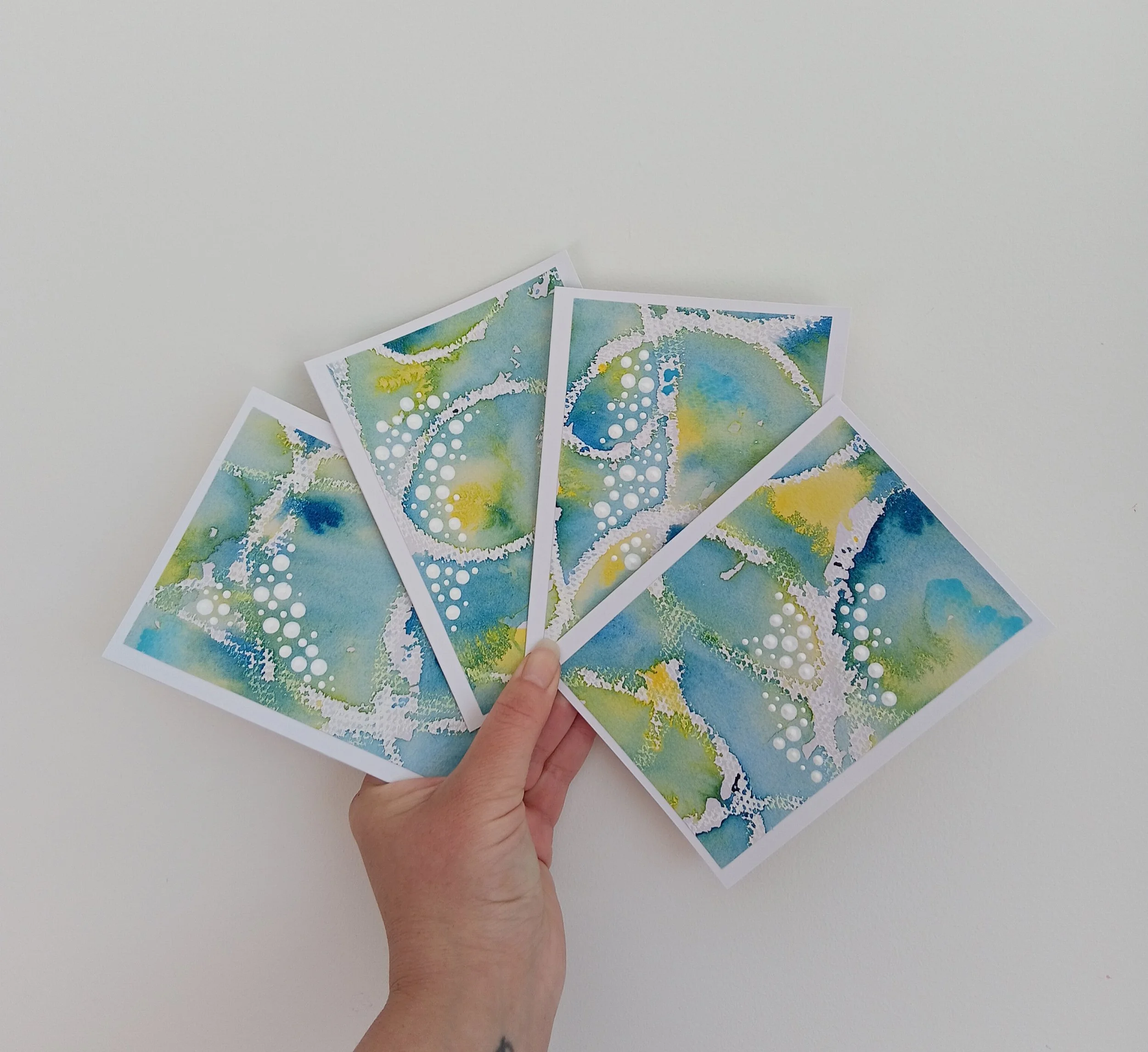4 X WATER COLOUR CARDS - BLUE/GREEN