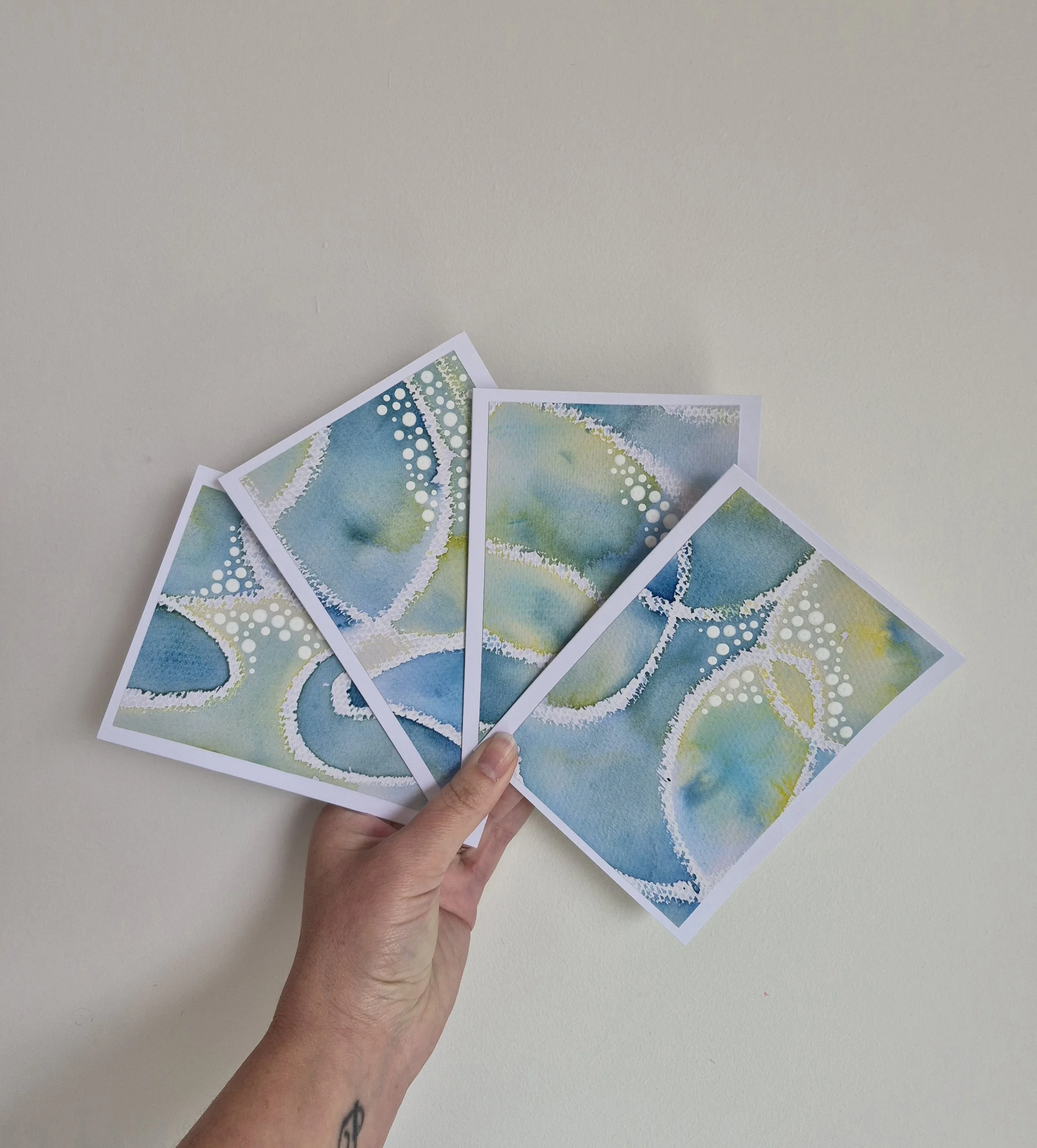 4 X WATER COLOUR CARDS - BLUE/GREEN