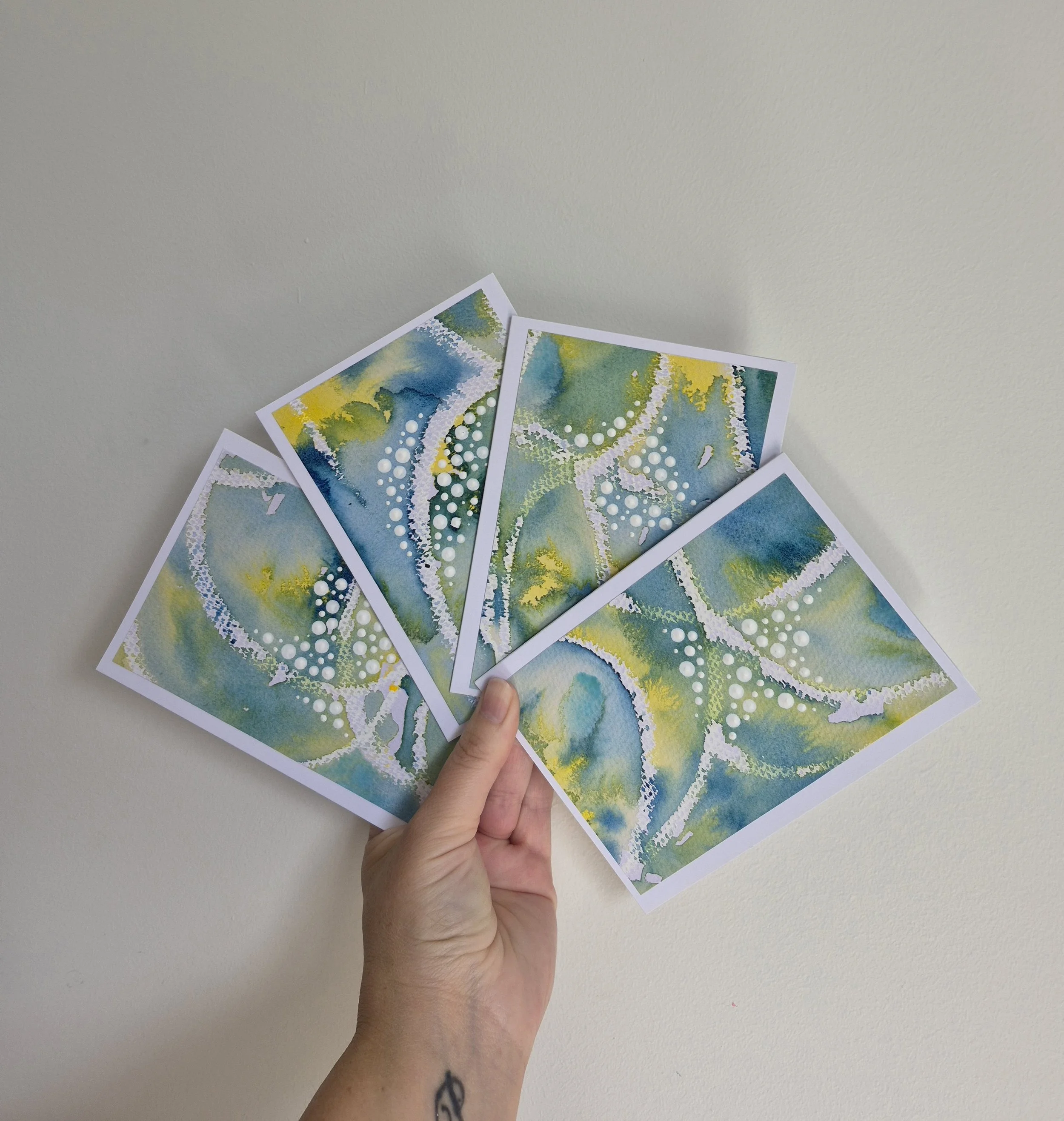 4 X WATER COLOUR CARDS - BLUE/GREEN