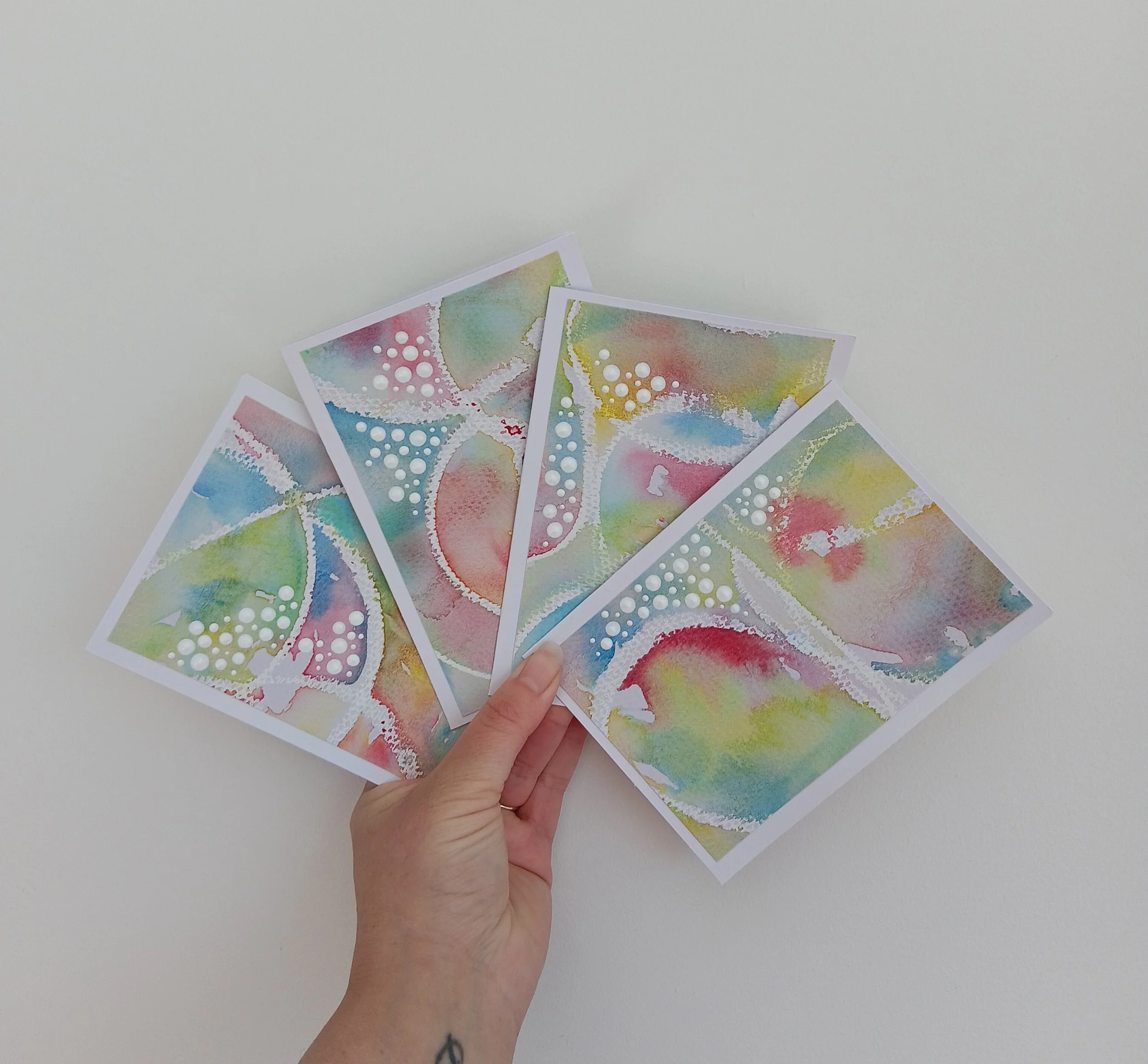 4 X WATER COLOUR CARDS - MULTI COLOUR